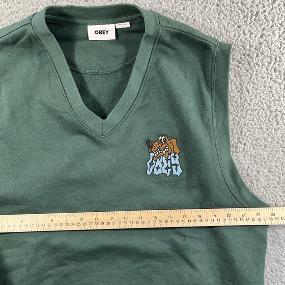 OBEY SWEATER VEST MENS LARGE GREEN V NECK EMBROIDERED DOG LOGO 100% COTTON - Picture 6 of 9